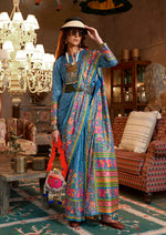 Thumbnail for Monjolika Fashion Aqua Blue Silk Blend Printed Ceremonial Saree