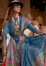 Thumbnail for Monjolika Fashion Aqua Blue Silk Blend Printed Ceremonial Saree
