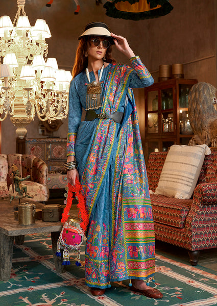 Monjolika Fashion Aqua Blue Silk Blend Printed Ceremonial Saree