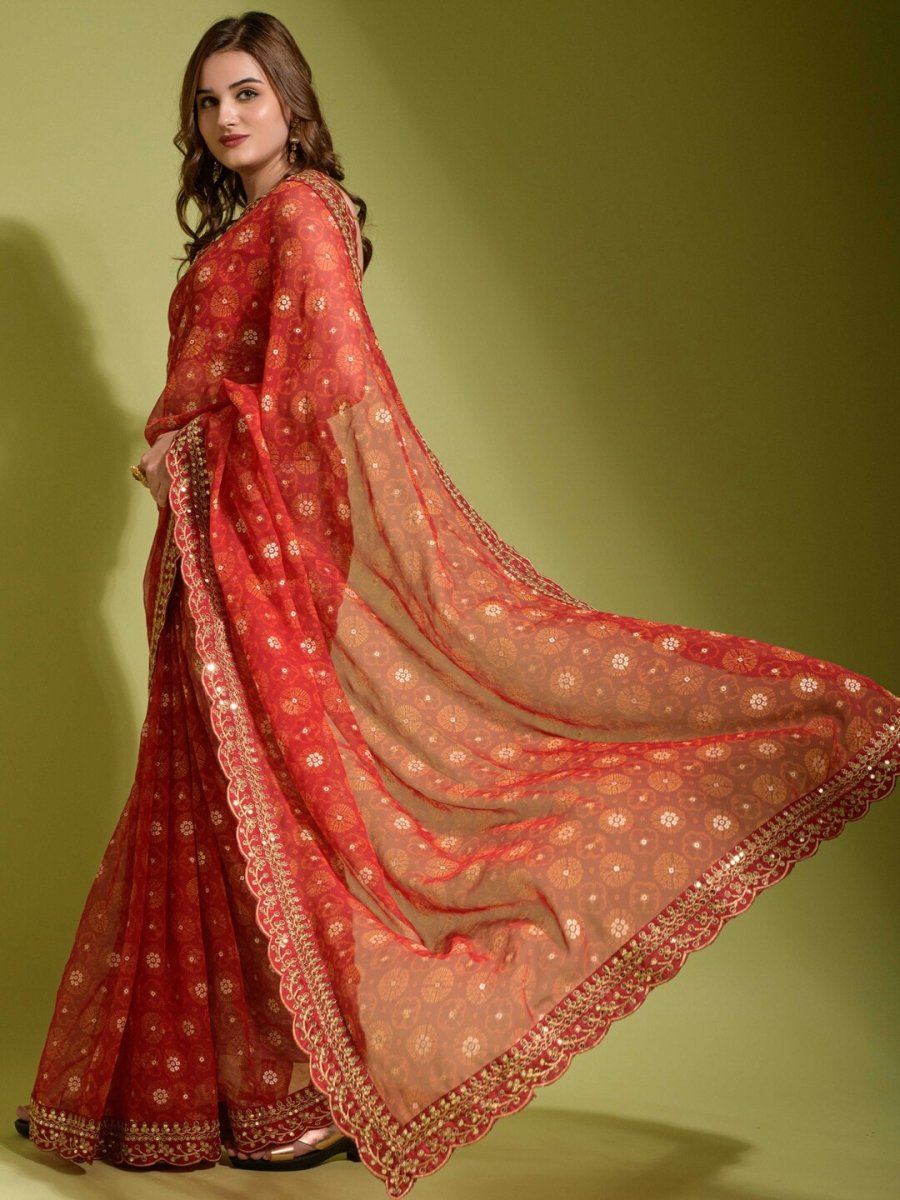Anouk Red & Yellow Ethnic Motifs Printed Embroidered Saree - Distacart