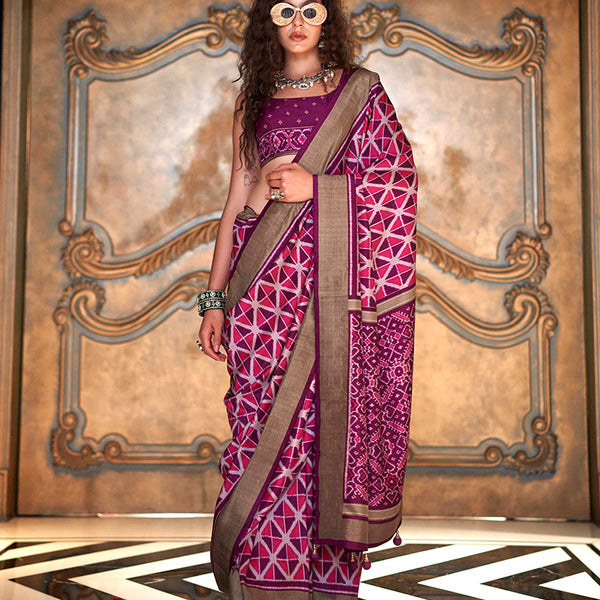 Monjolika Fashion Magenta Double Ikkat Silk Blend Foil Printed Saree