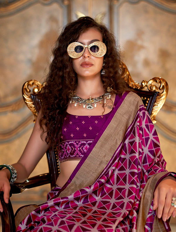 Monjolika Fashion Magenta Double Ikkat Silk Blend Foil Printed Saree