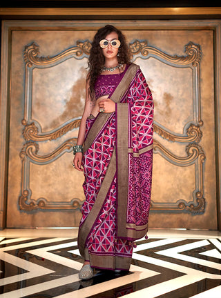 Monjolika Fashion Magenta Double Ikkat Silk Blend Foil Printed Saree
