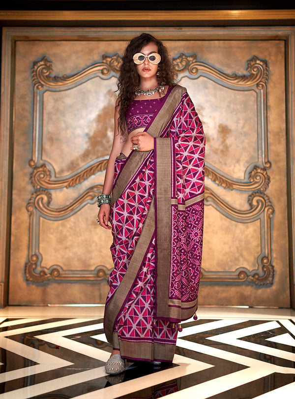 Monjolika Fashion Magenta Double Ikkat Silk Blend Foil Printed Saree