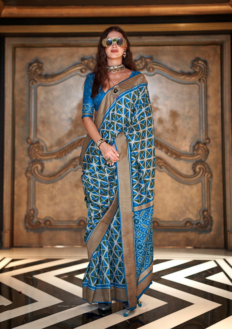 Monjolika Fashion Aqua Blue Double Ikkat Silk Blend Foil Printed Saree