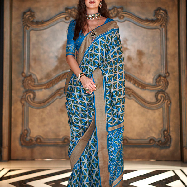 Monjolika Fashion Aqua Blue Double Ikkat Silk Blend Foil Printed Saree