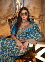 Thumbnail for Monjolika Fashion Aqua Blue Double Ikkat Silk Blend Foil Printed Saree