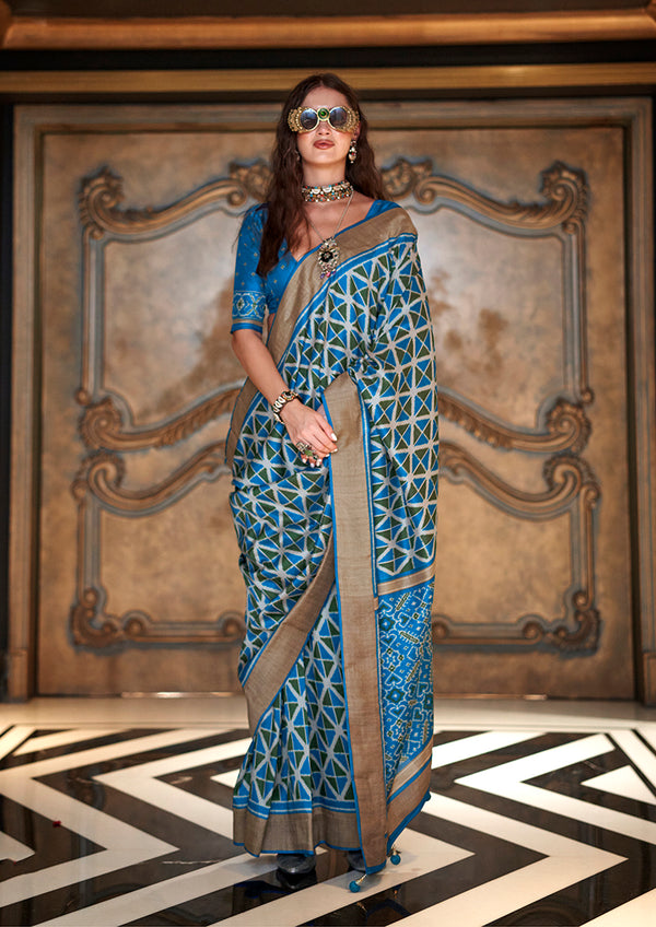 Monjolika Fashion Aqua Blue Double Ikkat Silk Blend Foil Printed Saree
