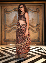 Thumbnail for Monjolika Fashion Brown Double Ikkat Silk Blend Foil Printed Saree