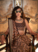 Thumbnail for Monjolika Fashion Brown Double Ikkat Silk Blend Foil Printed Saree