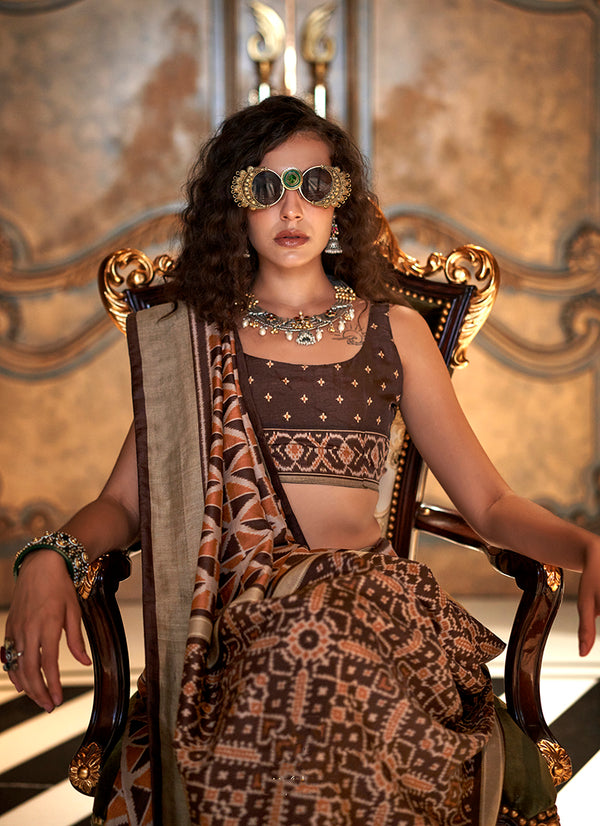 Monjolika Fashion Brown Double Ikkat Silk Blend Foil Printed Saree