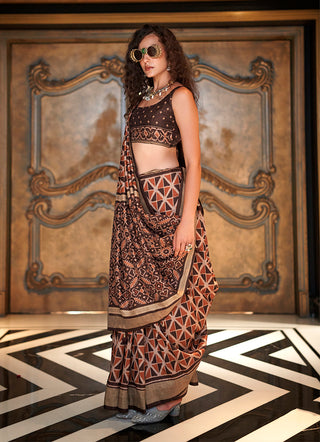 Monjolika Fashion Brown Double Ikkat Silk Blend Foil Printed Saree