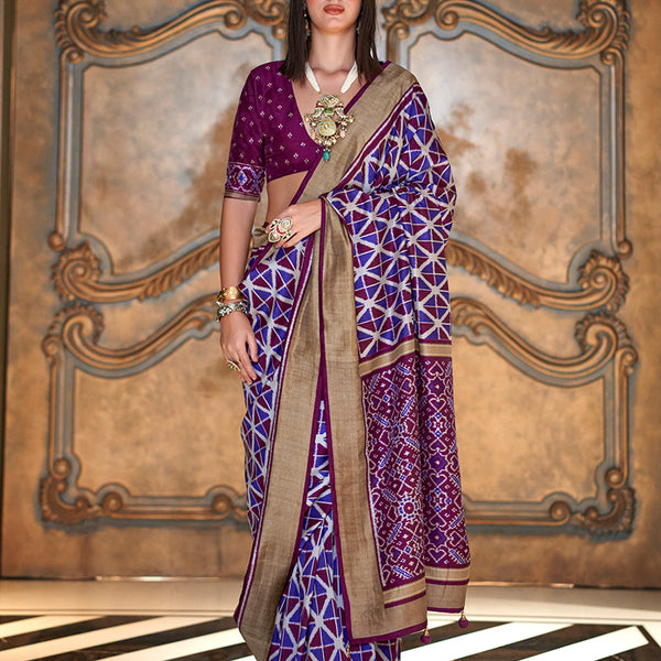 Monjolika Fashion Purple Double Ikkat Silk Blend Foil Printed Saree