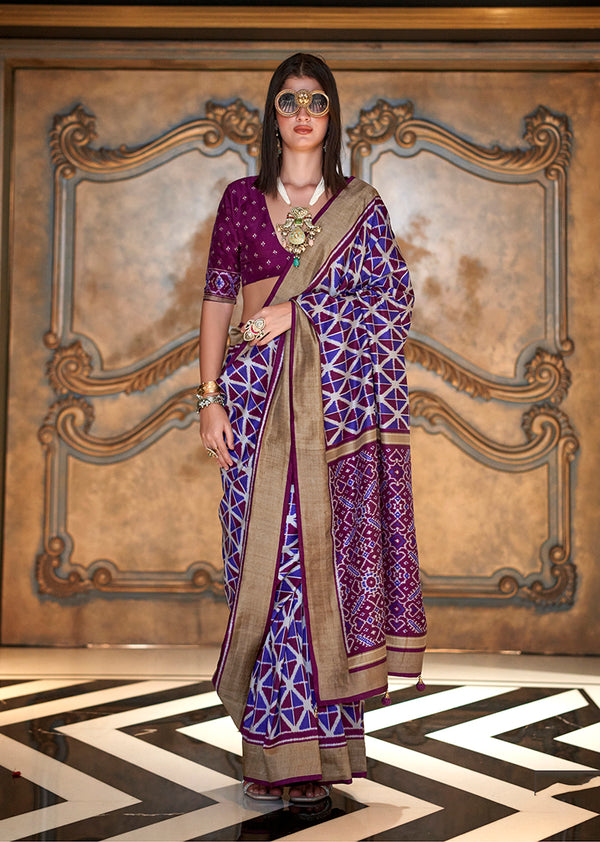 Monjolika Fashion Purple Double Ikkat Silk Blend Foil Printed Saree
