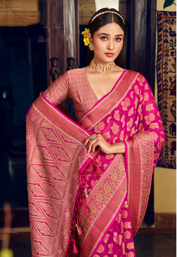 Monjolika Fashion Rani Pink Georgette With Weaving Buta Border Pallu Classic Saree