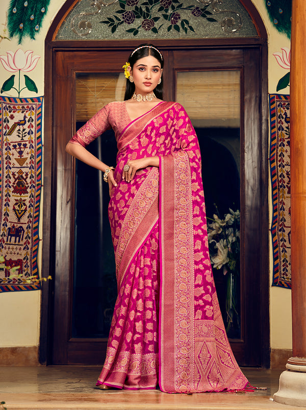 Monjolika Fashion Rani Pink Georgette With Weaving Buta Border Pallu Classic Saree