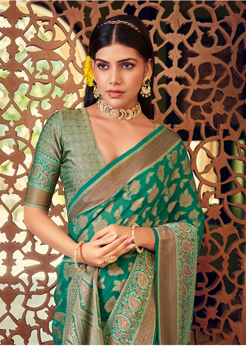 Monjolika Fashion Turquoise Georgette With Weaving Buta Border Pallu Classic Saree