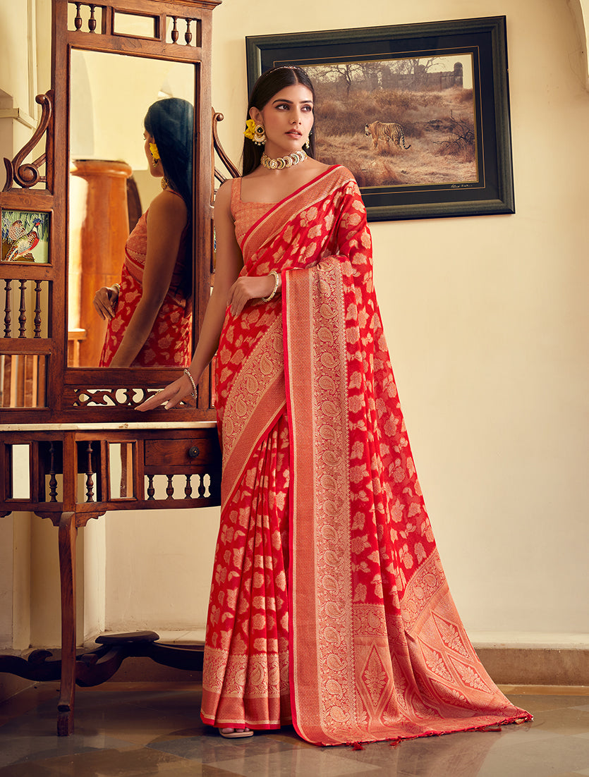 Monjolika Fashion Red Georgette With Weaving Buta Border Pallu Classic Saree
