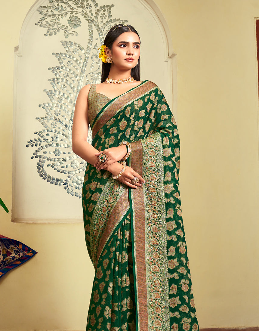 Monjolika Fashion Green Georgette With Weaving Buta Border Pallu Classic Saree