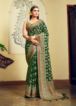 Thumbnail for Monjolika Fashion Green Georgette With Weaving Buta Border Pallu Classic Saree