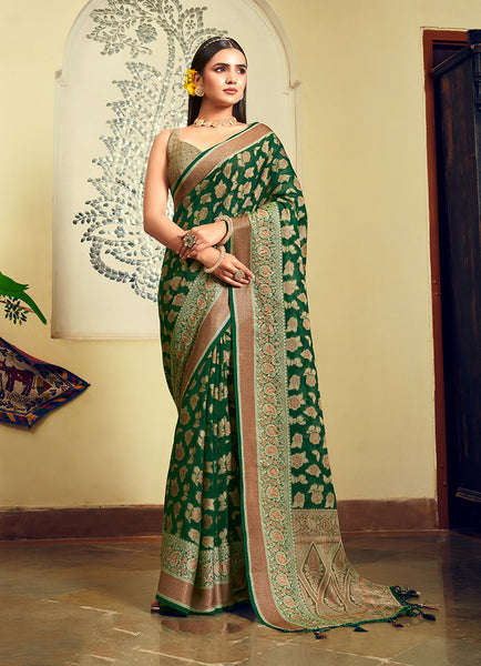 Monjolika Fashion Green Georgette With Weaving Buta Border Pallu Classic Saree