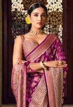 Thumbnail for Monjolika Fashion Purple Georgette With Weaving Buta Border Pallu Classic Saree