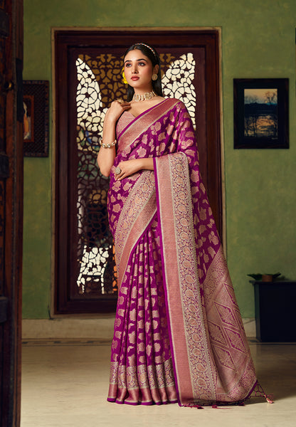 Monjolika Fashion Purple Georgette With Weaving Buta Border Pallu Classic Saree