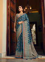 Thumbnail for Monjolika Fashion Blue Georgette With Weaving Buta Border Pallu Classic Saree