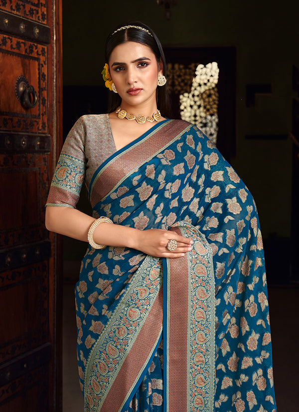 Monjolika Fashion Blue Georgette With Weaving Buta Border Pallu Classic Saree