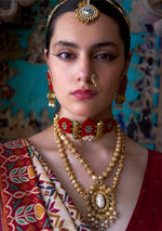 Thumbnail for Monjolika Fashion Silk Blend Cream and Red Patola Print Classic Festival Wear Saree