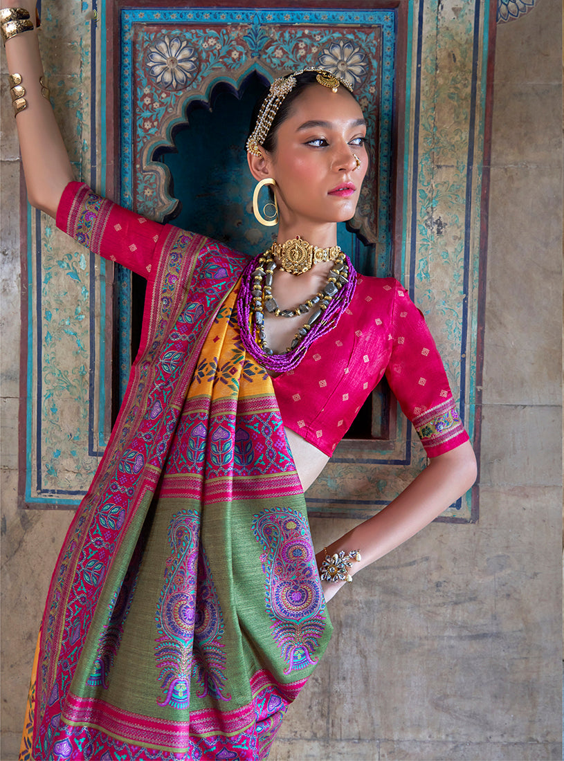 Monjolika Fashion Silk Blend Yellow and Hot Pink Patola Print Classic Festival Wear Saree