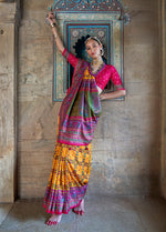 Thumbnail for Monjolika Fashion Silk Blend Yellow and Hot Pink Patola Print Classic Festival Wear Saree