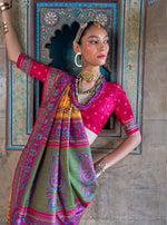 Thumbnail for Monjolika Fashion Silk Blend Yellow and Hot Pink Patola Print Classic Festival Wear Saree