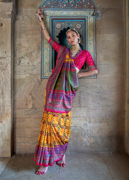 Monjolika Fashion Silk Blend Yellow and Hot Pink Patola Print Classic Festival Wear Saree