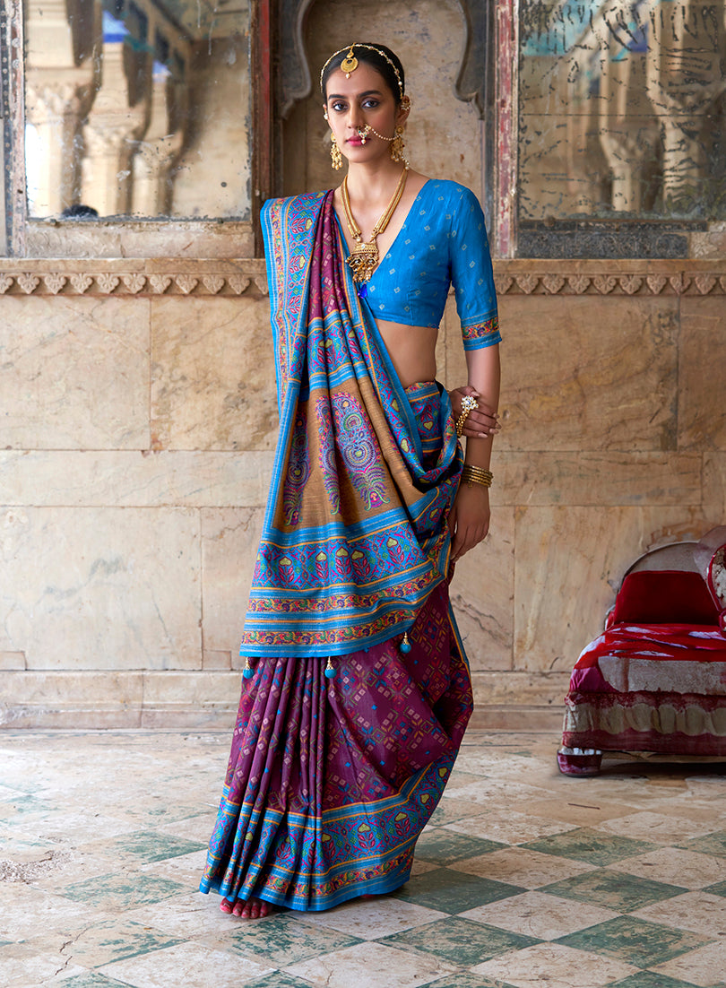 Monjolika Fashion Silk Blend Purple and Aqua Blue Patola Print Classic Festival Wear Saree