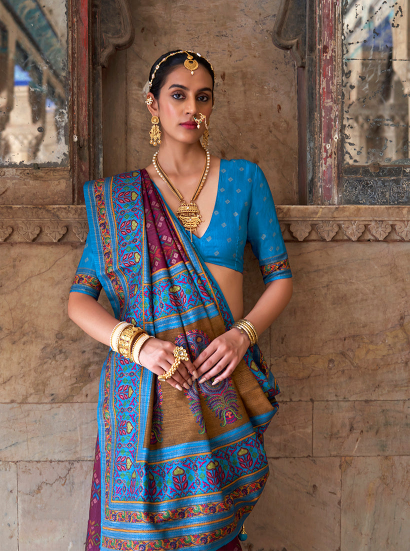 Monjolika Fashion Silk Blend Purple and Aqua Blue Patola Print Classic Festival Wear Saree