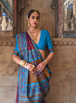 Thumbnail for Monjolika Fashion Silk Blend Purple and Aqua Blue Patola Print Classic Festival Wear Saree