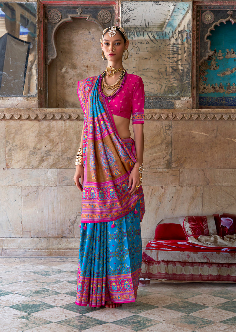 Monjolika Fashion Silk Blend Aqua Blue and Pink Patola Print Classic Festival Wear Saree