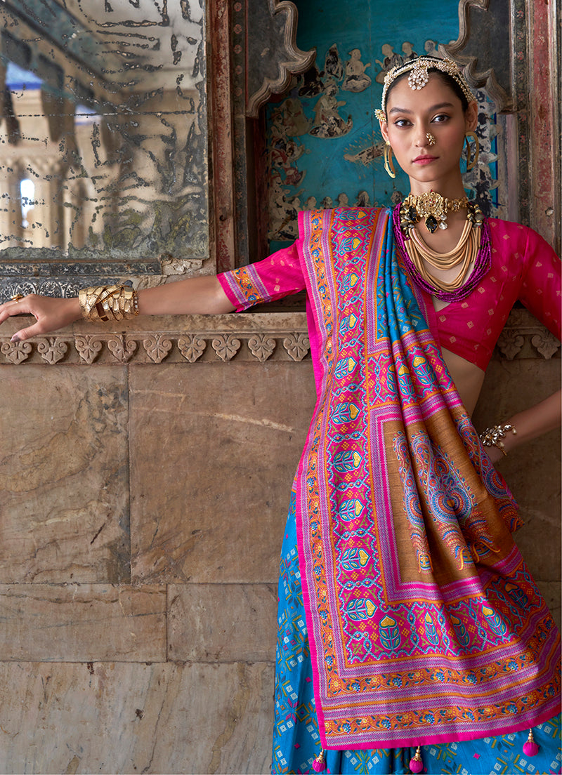 Monjolika Fashion Silk Blend Aqua Blue and Pink Patola Print Classic Festival Wear Saree