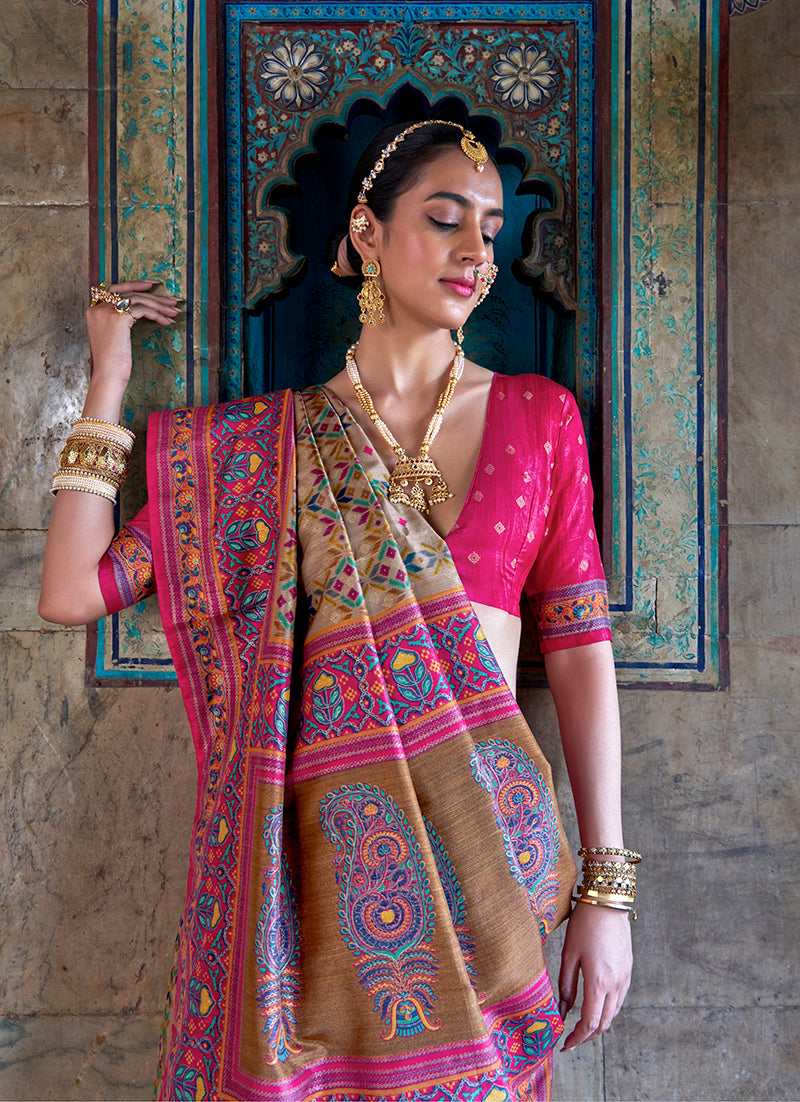 Monjolika Fashion Silk Blend Beige and Pink Patola Print Classic Festival Wear Saree