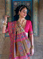 Thumbnail for Monjolika Fashion Silk Blend Beige and Pink Patola Print Classic Festival Wear Saree