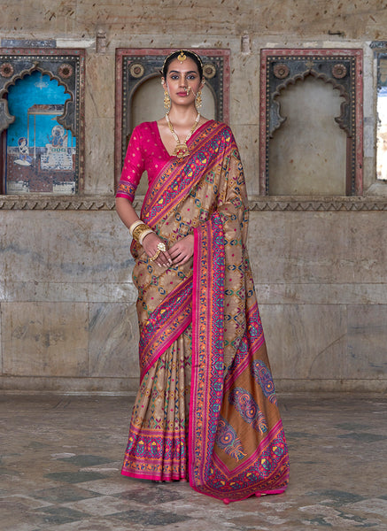 Monjolika Fashion Silk Blend Beige and Pink Patola Print Classic Festival Wear Saree