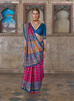 Thumbnail for Monjolika Fashion Silk Blend Rani Pink and Blue Patola Print Classic Festival Wear Saree