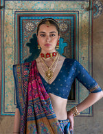 Thumbnail for Monjolika Fashion Silk Blend Rani Pink and Blue Patola Print Classic Festival Wear Saree