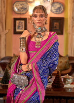 Thumbnail for Monjolika Fashion Navy blue Patola Design Zari Work Traditional Silk Blend Saree