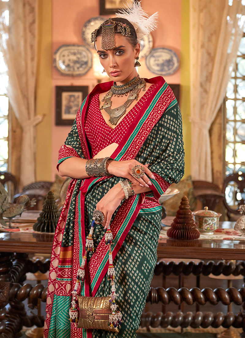 Monjolika Fashion Dark Green Patola Design Zari Work Traditional Silk Blend Saree