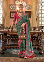 Thumbnail for Monjolika Fashion Dark Green Patola Design Zari Work Traditional Silk Blend Saree