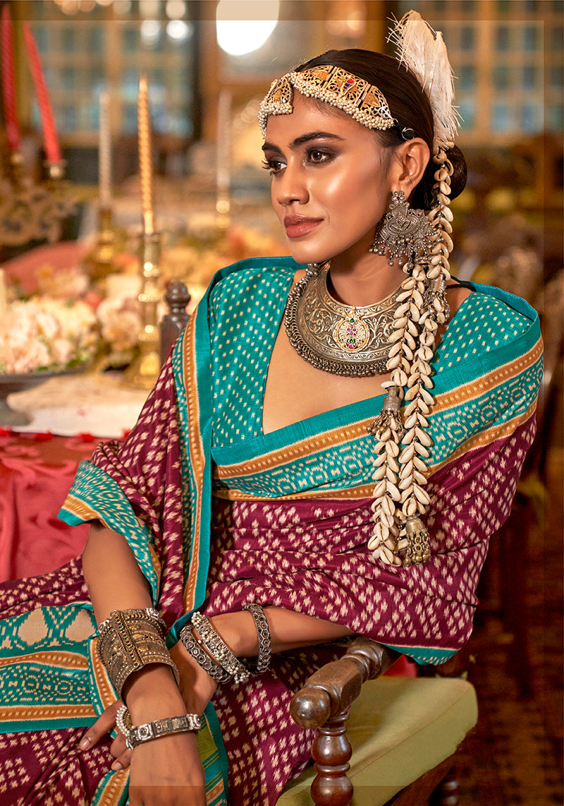 Monjolika Fashion Wine & Turquoise Patola Design Zari Work Traditional Silk Blend Saree