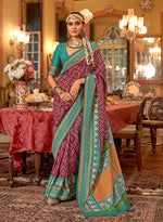 Thumbnail for Monjolika Fashion Wine & Turquoise Patola Design Zari Work Traditional Silk Blend Saree
