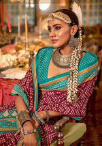 Thumbnail for Monjolika Fashion Wine & Turquoise Patola Design Zari Work Traditional Silk Blend Saree